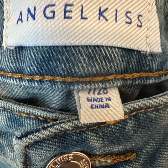 Angel Kiss Heart Patch Blue Jeans Y2K Wide Leg Low Rise Baggy Jeans size 7/28 - Picture 2 of 5